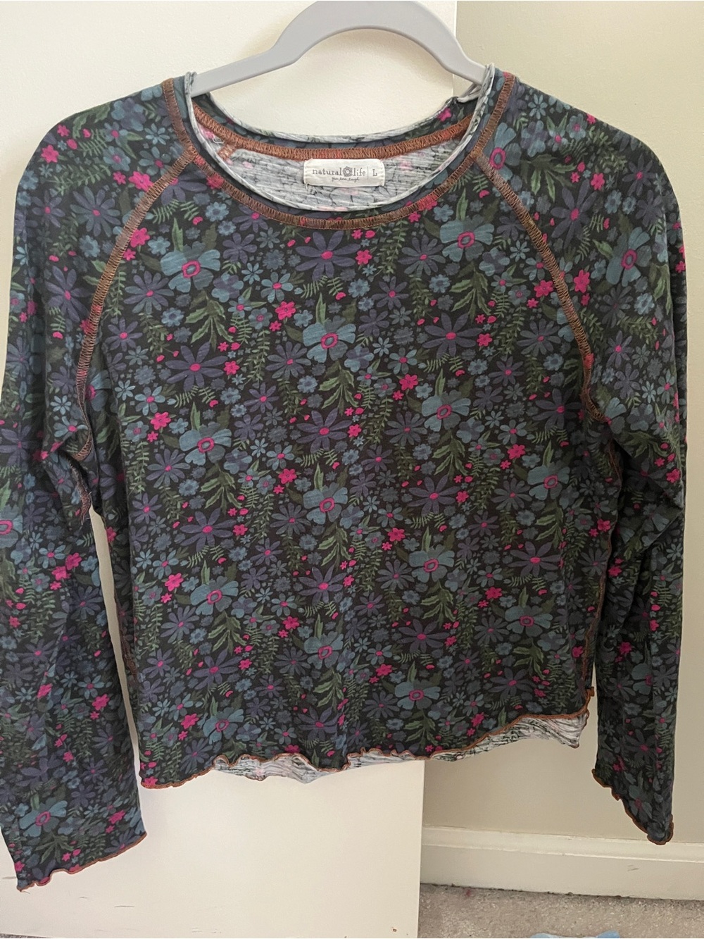 NATURAL LIFE Black Floral Long Sleeve Tee with Pink & Blue Blooms